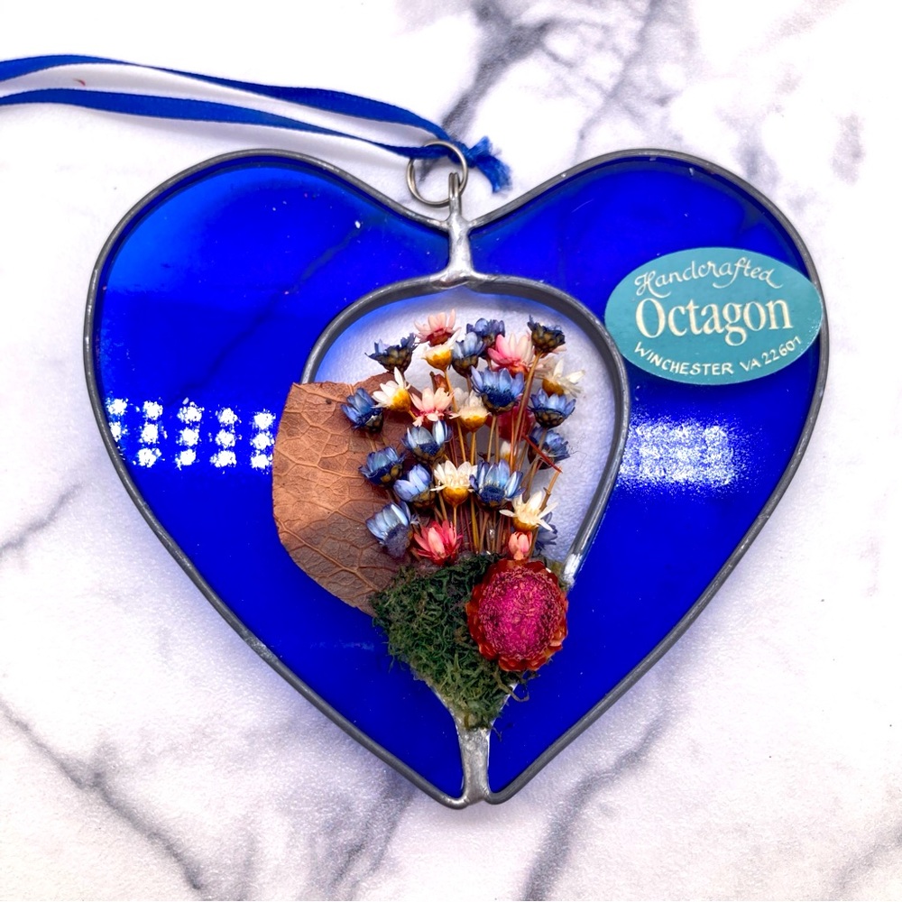 Handcrafted Stained Glass Blue Heart with Dried Flowers by Octagon Suncatcher